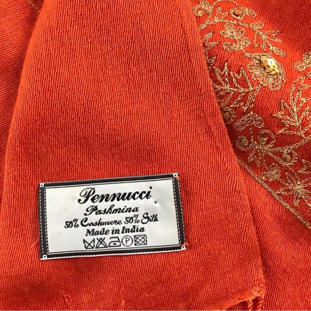 Pashmina Cashmere Blanket Scarf Wrap Orange Gold Embroidered Thread & Sequin - Picture 12 of 12